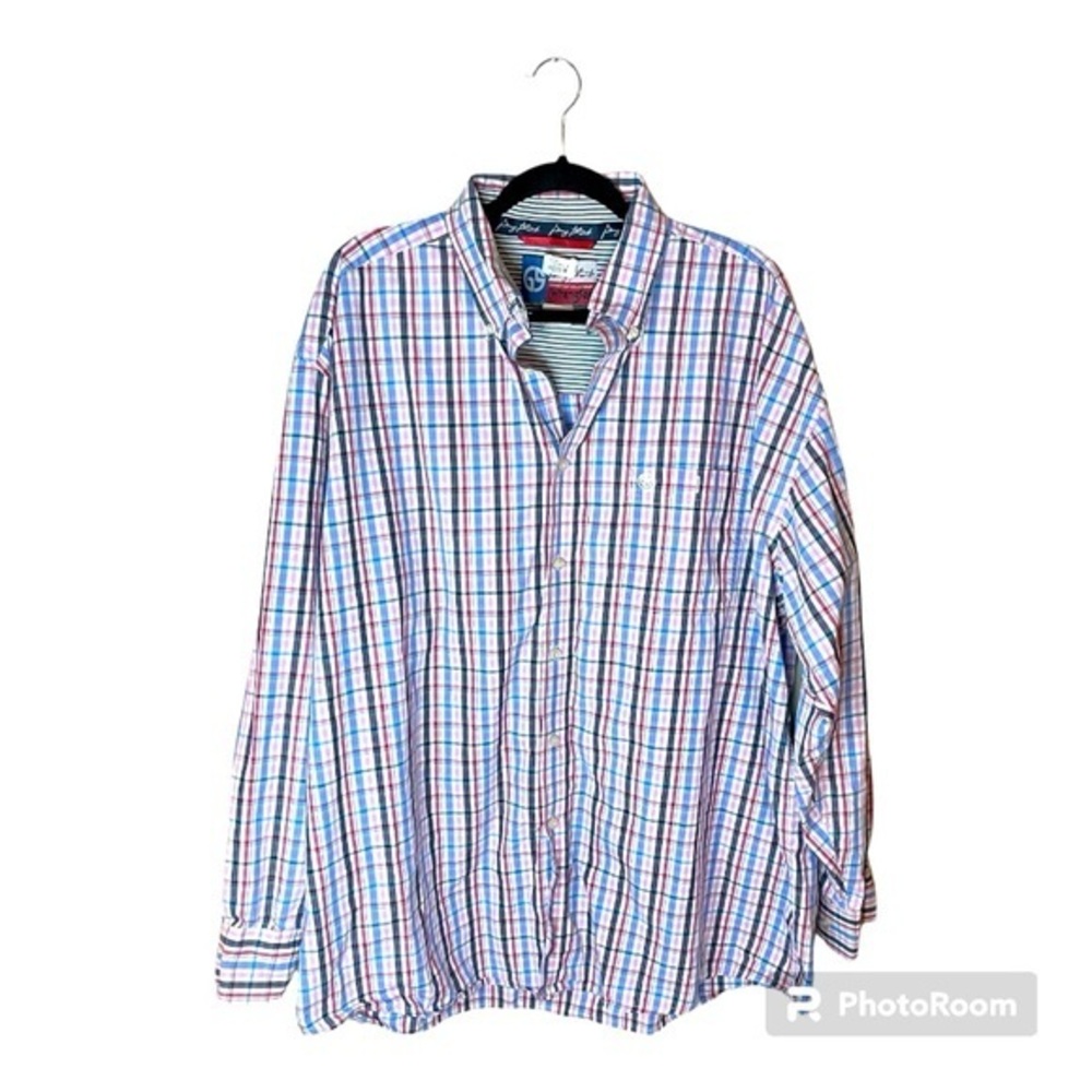 Wrangler George Strait Navy Red Pink Light‎ Blue Plaid Button Up Western Shirt